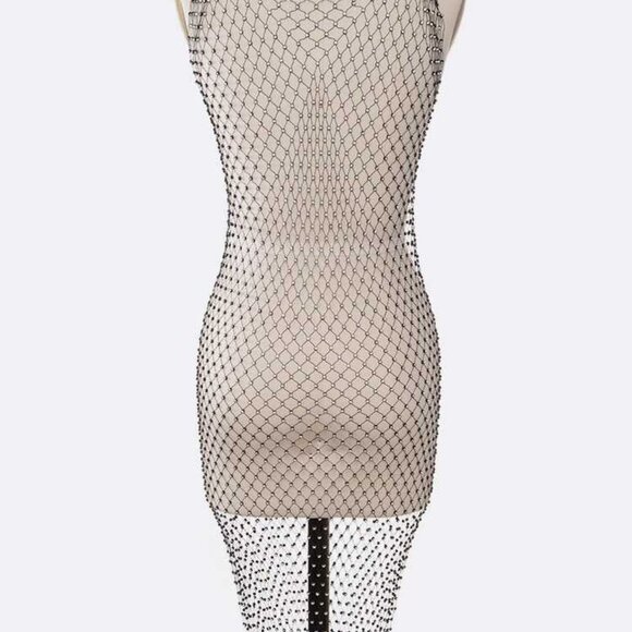 Rhinestone Fishnet Mesh V Neck Knee Length Cover Up - Black - Picture 4 of 4